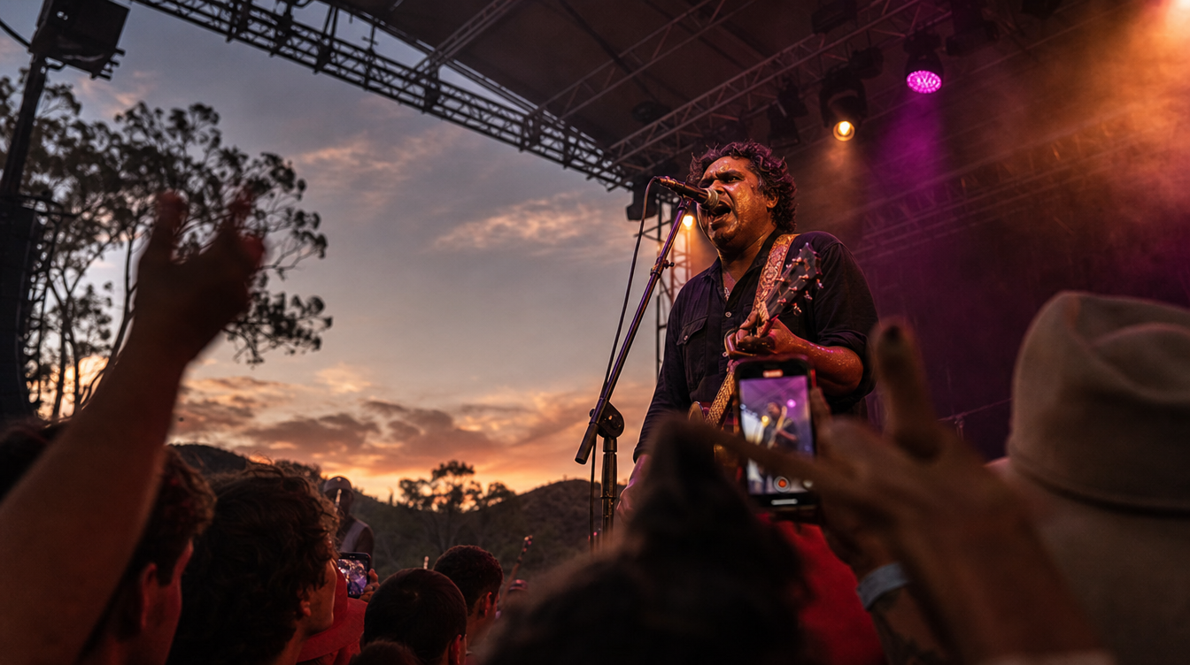 The Cherbourg Festival main stage in full performance, sunset over the gathered audience.