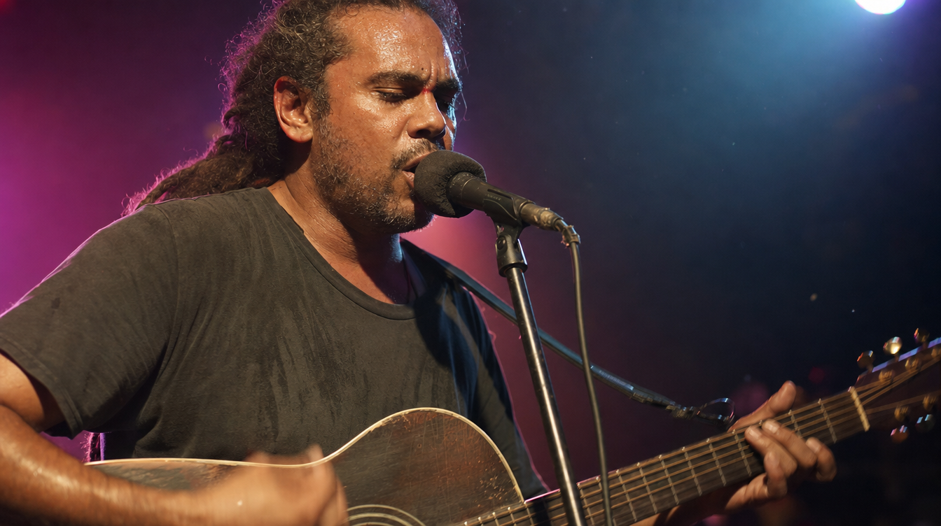 Singer songwriter mid performance.