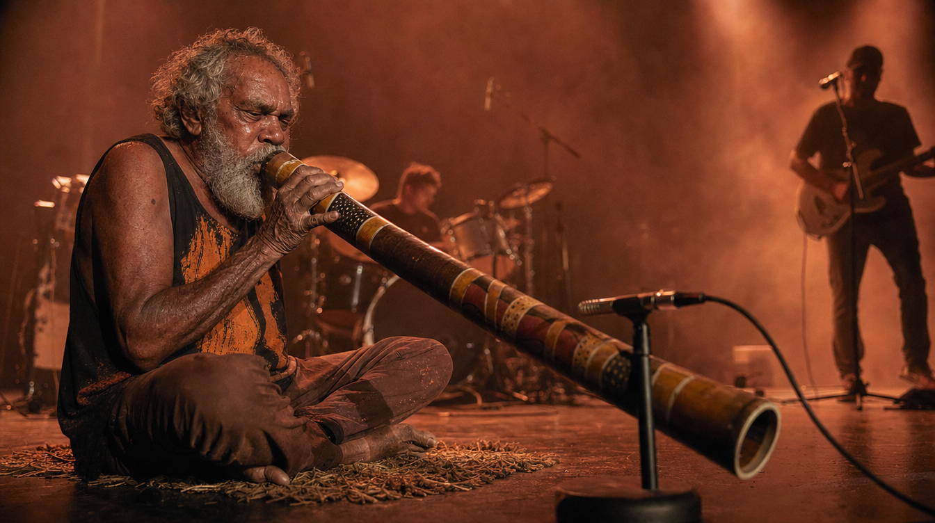 Didgeridoo player in performance.