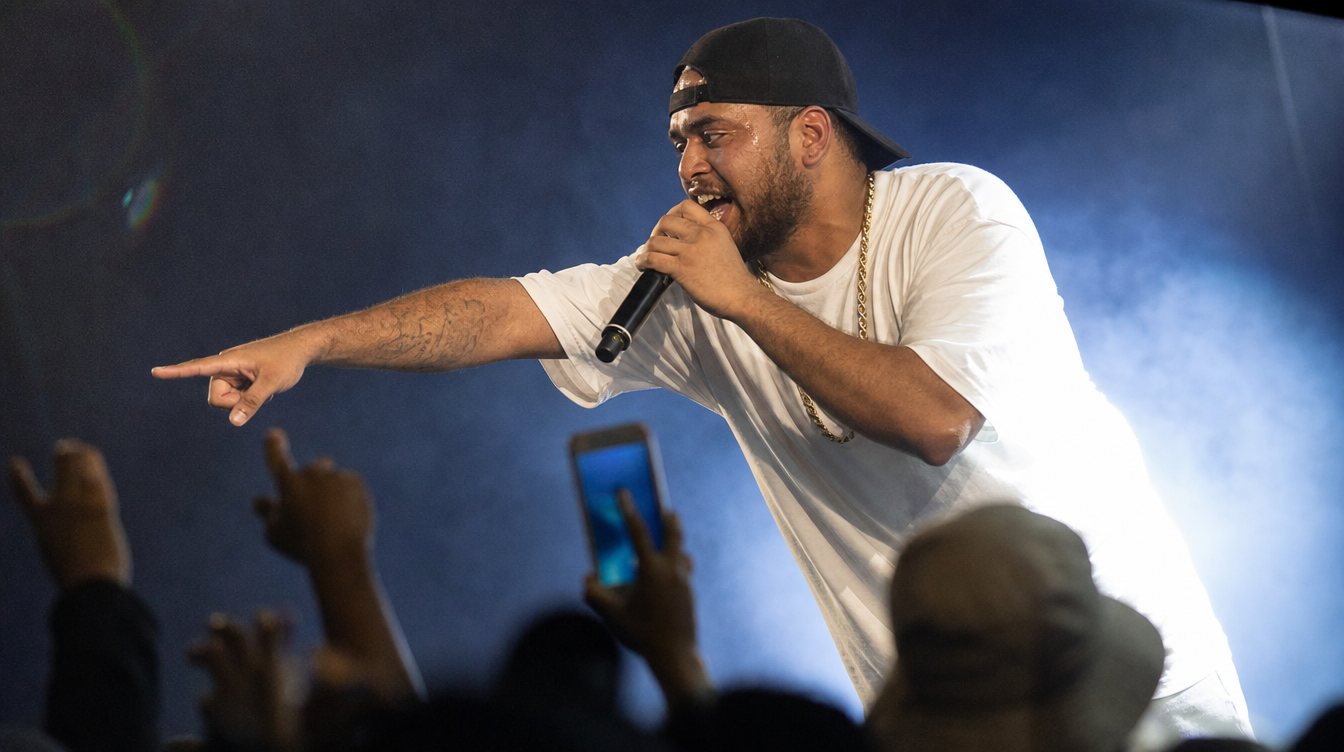 Hip hop artist on stage.