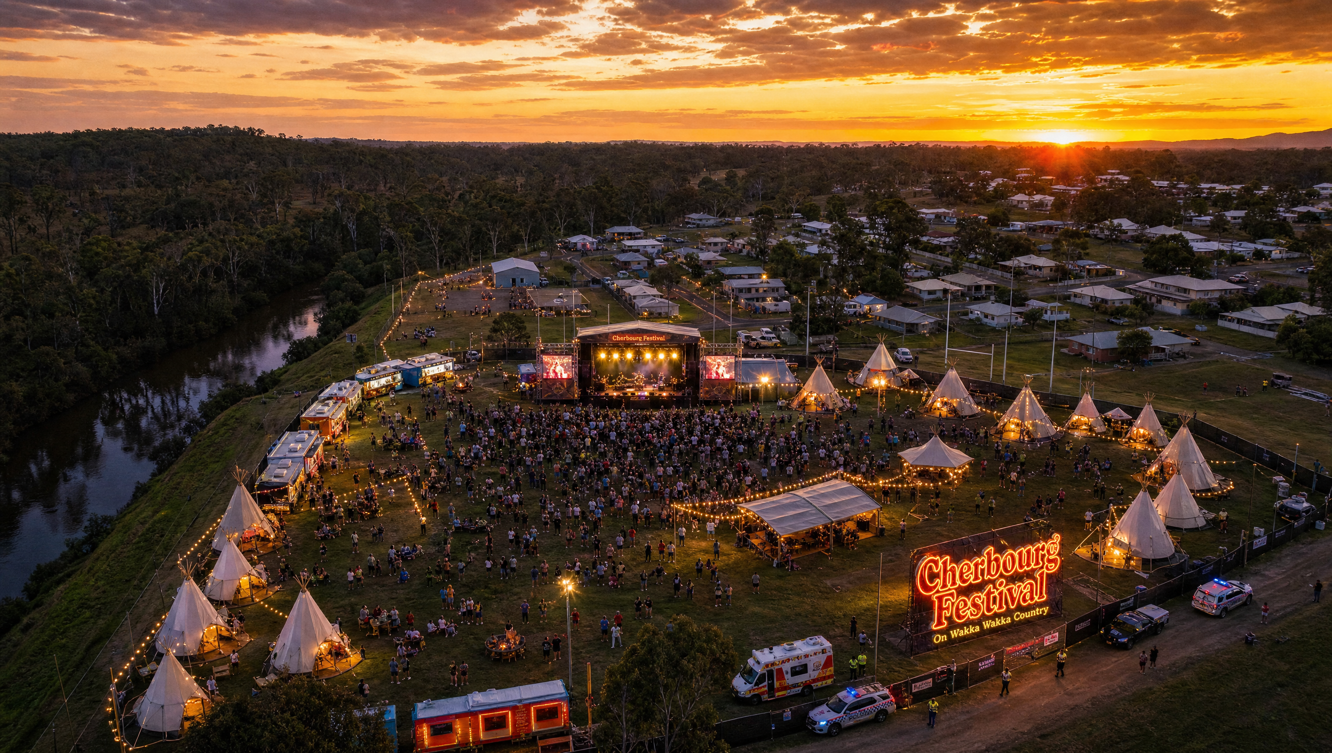 Aerial view of the Cherbourg Festival main stage at sunset, the audience gathered around.